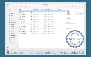 SimpleumSafe auf einem Mac mit geöffnetem verschlüsseltem Safe.