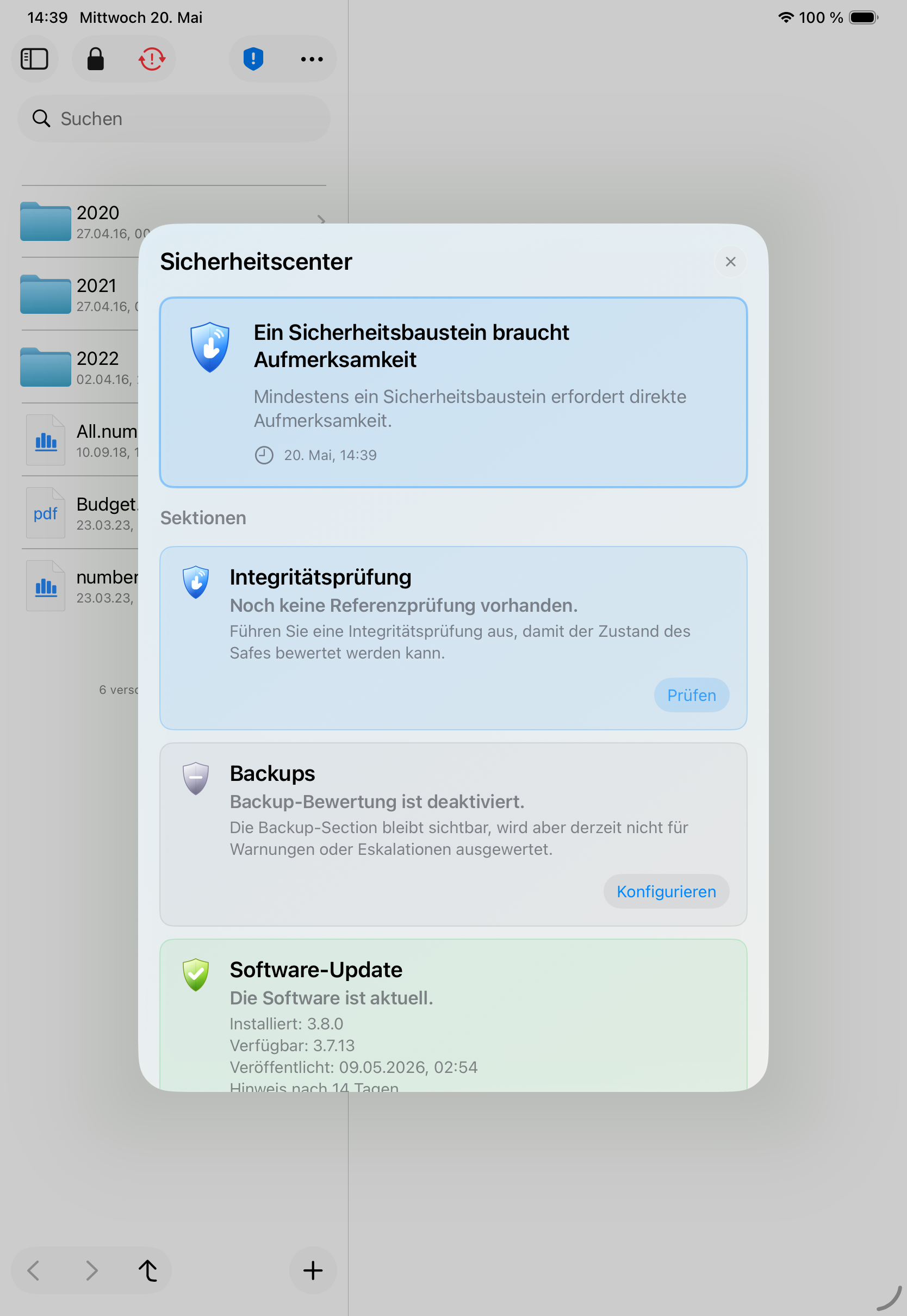 SimpleumSafe 3.8 Sicherheitscenter auf dem iPad