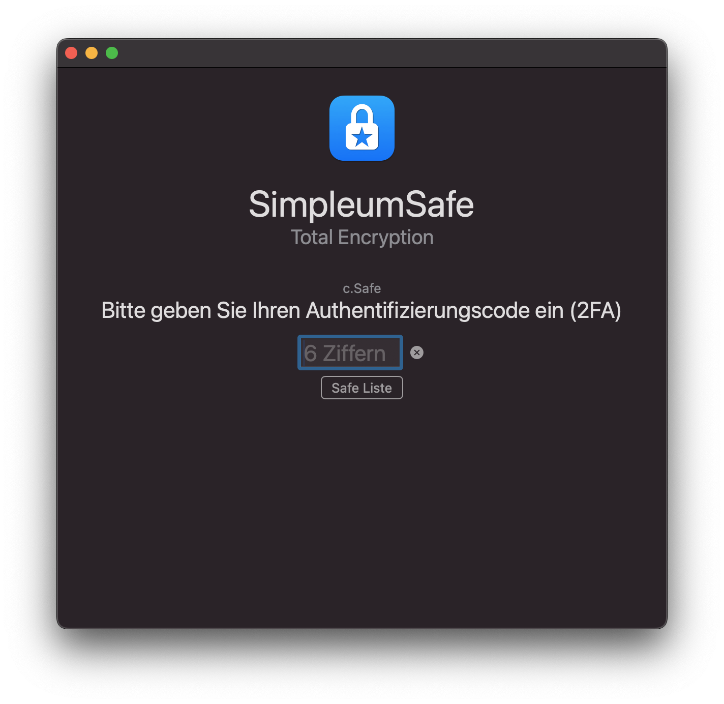 Screenshot: Safe mit 2-Faktor-Authentifizierung öffnen