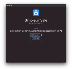 Zwei-Faktor-Authentifizierung beim Öffnen eines SimpleumSafe auf dem Mac.