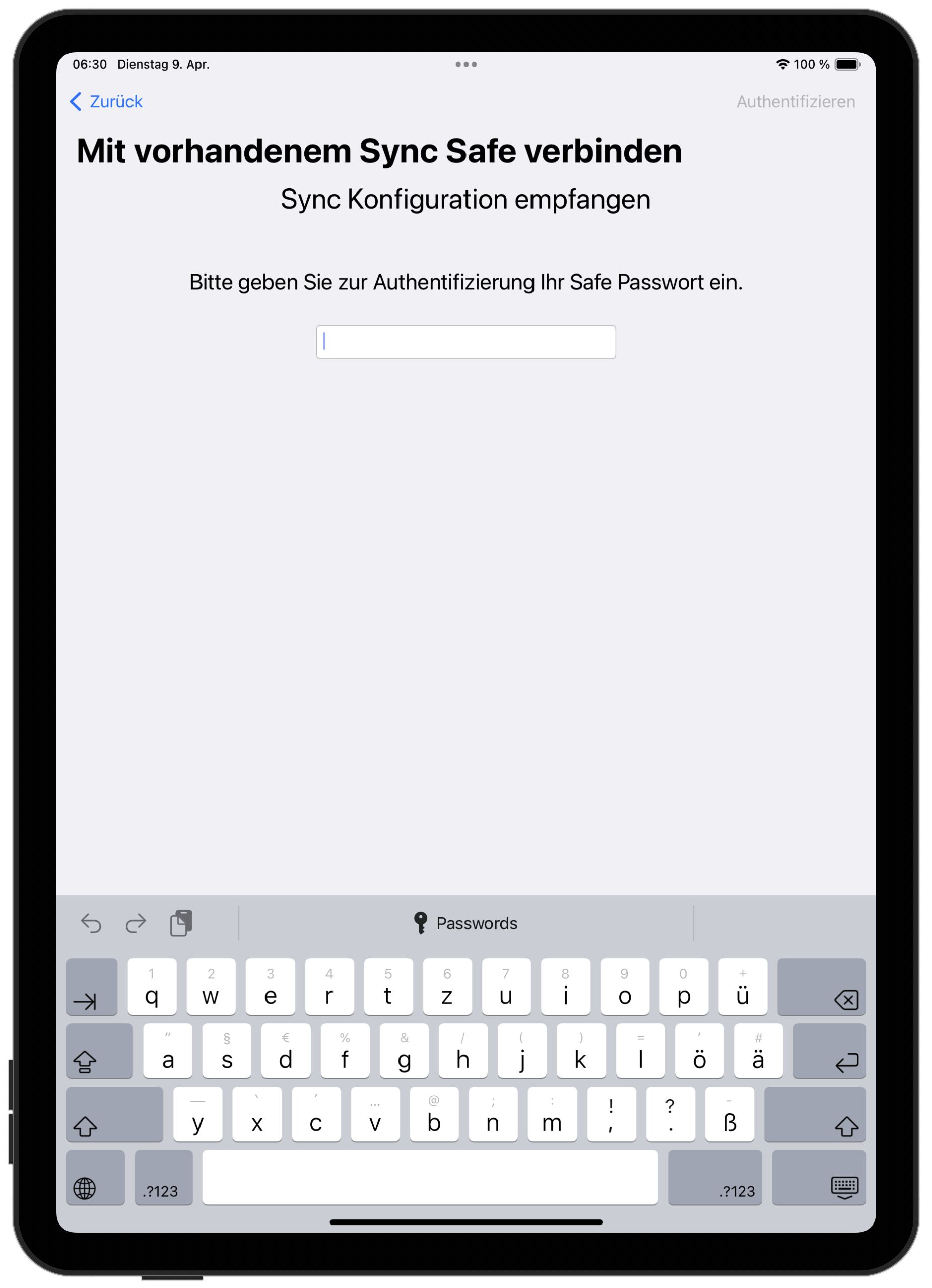 Empfangene Safe Sync Konfiguration mit Passwort authorisieren