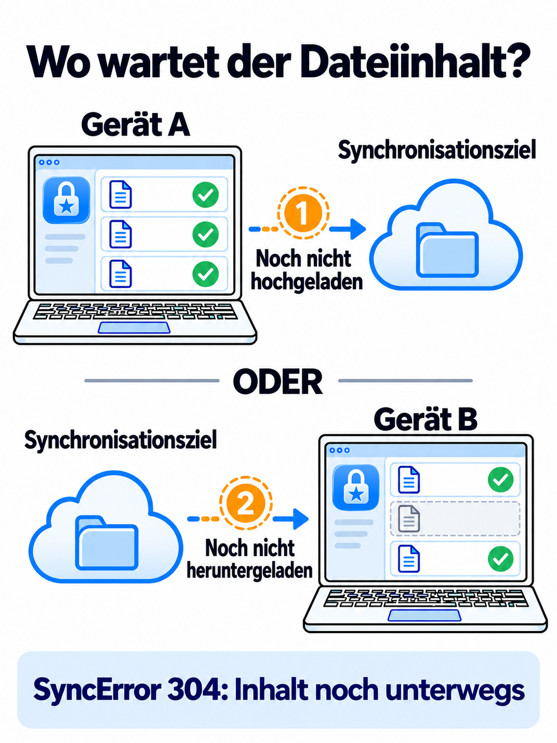 Zwei mögliche offene Strecken untereinander: entweder von Safe A zum Synchronisationsziel oder vom Synchronisationsziel zu Safe B, wo Datei 2 grau dargestellt wird.