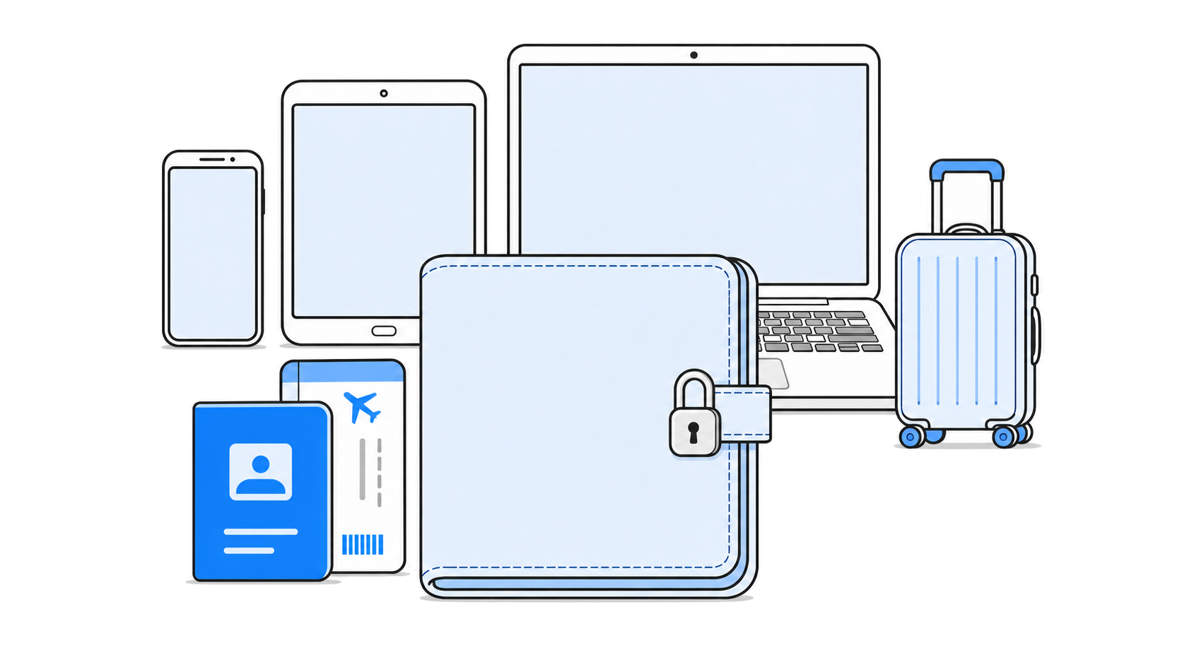A locked document portfolio stands in front of a smartphone, tablet, and laptop, with a passport, ticket, and carry-on suitcase beside it.
