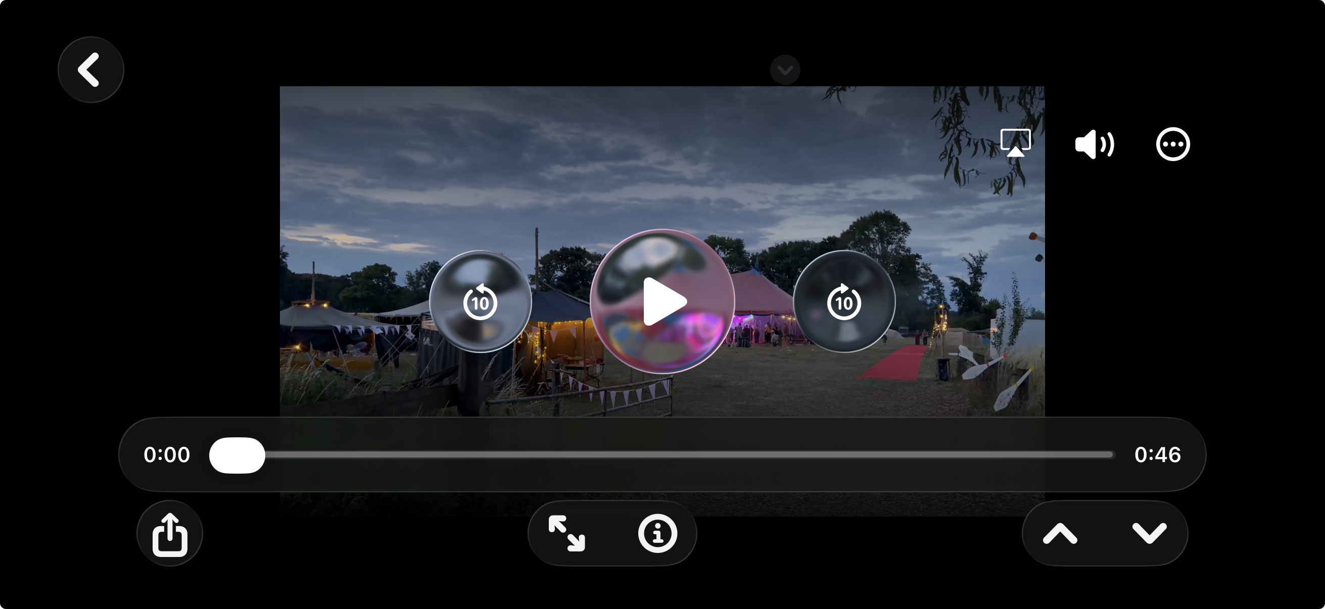 The new Movie Player in SimpleumSafe 3.9 in landscape orientation: the video, ten-second backward and forward controls, play button, AirPlay, volume, playback options, and timeline are visible.