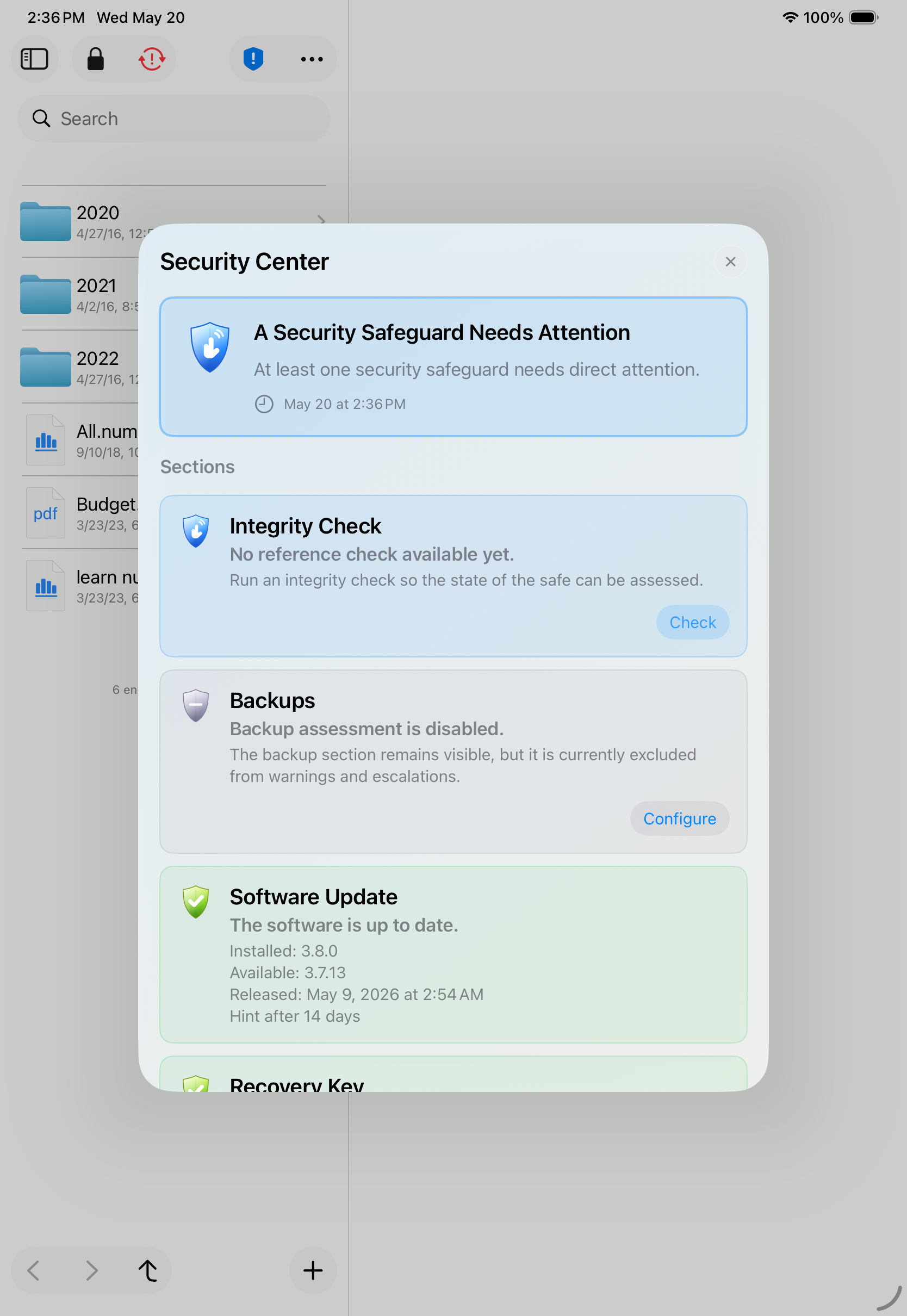 SimpleumSafe 3.8 Security Center on iPad