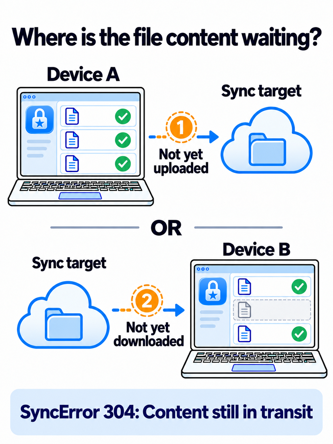 Two possible pending routes shown one above the other: either from device A to the sync target or from the sync target to device B, where the middle file is gray.