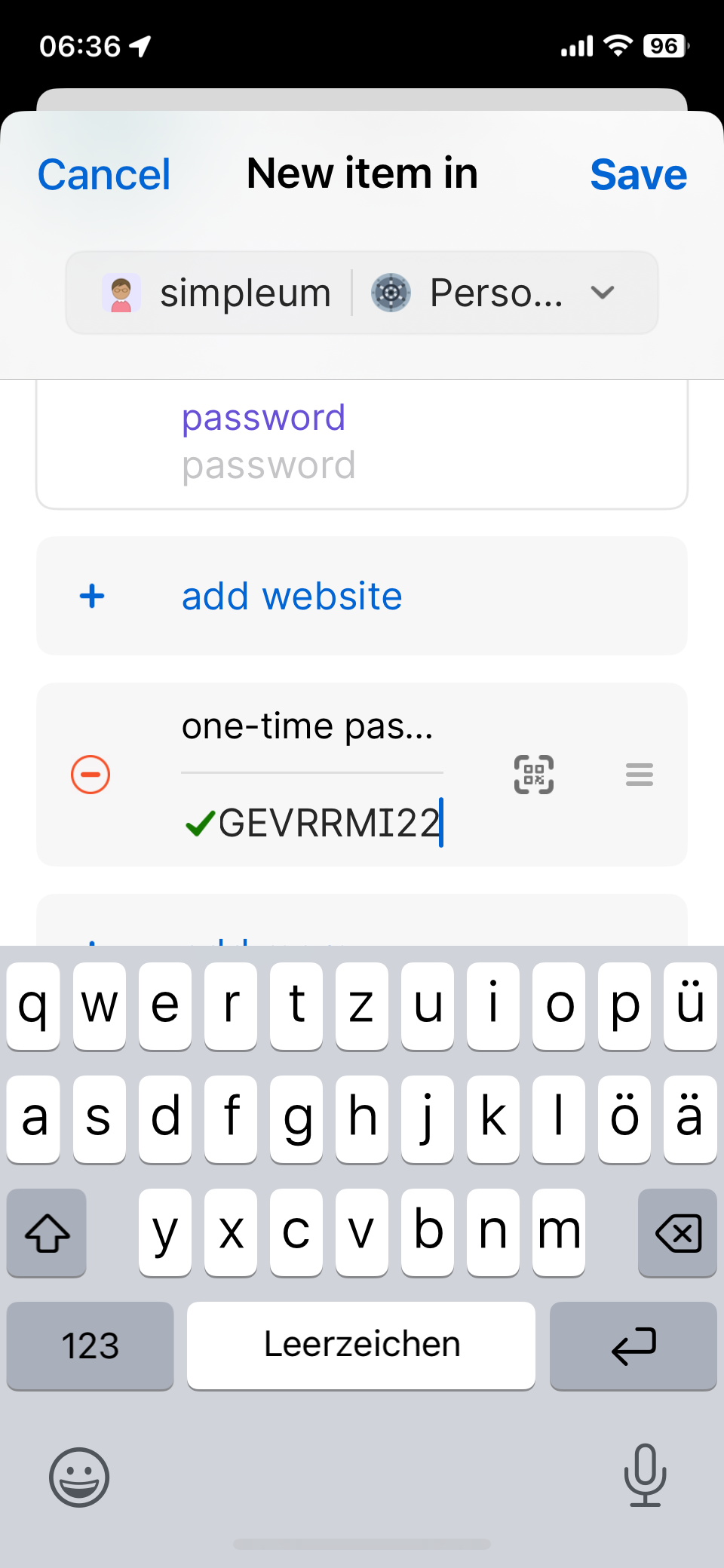 Screenshot: 1password set up 2-factor authentication