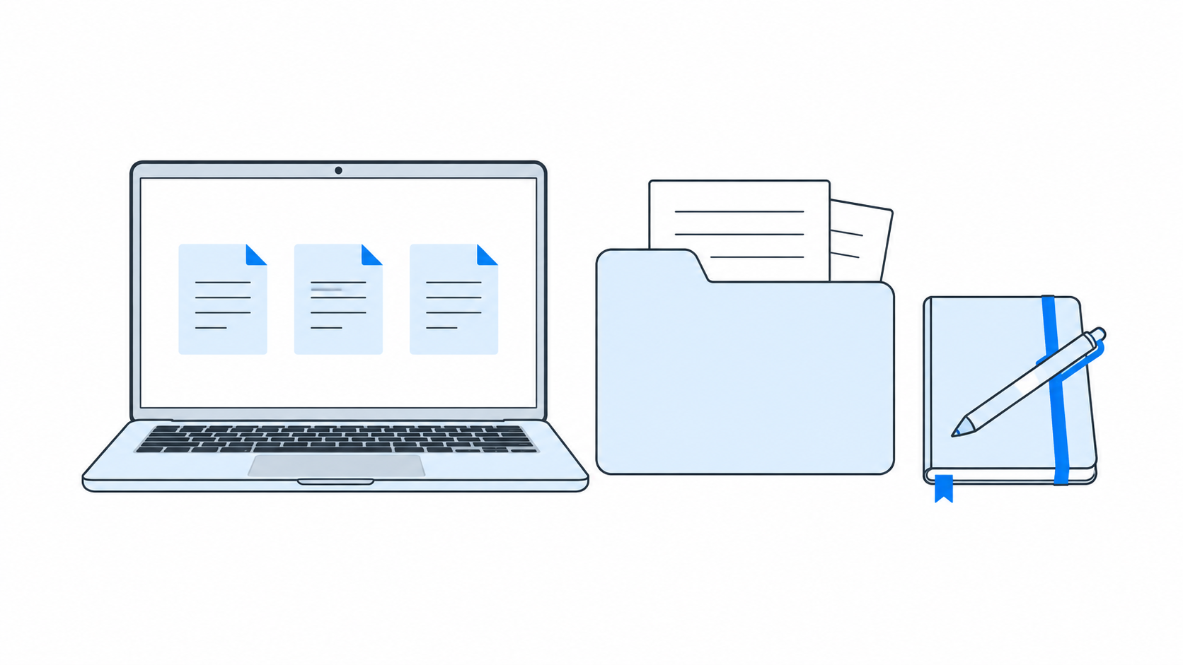 Laptop, document folder and notebook – illustration of a digital filing system.
