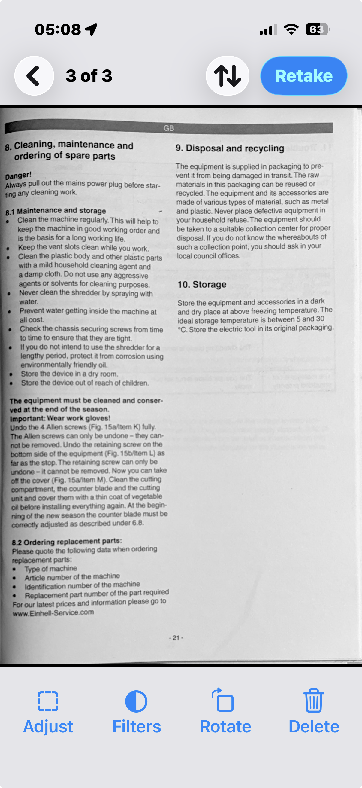 Page review for a three-page scan with controls to adjust, filter, rotate, and delete the current page