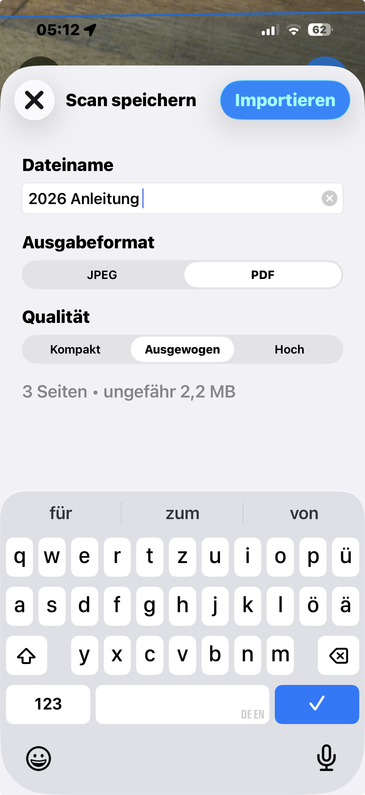 Bildschirm Scan speichern mit PDF als Ausgabeformat, Qualität Ausgewogen, drei Seiten und geschätzter Dateigröße