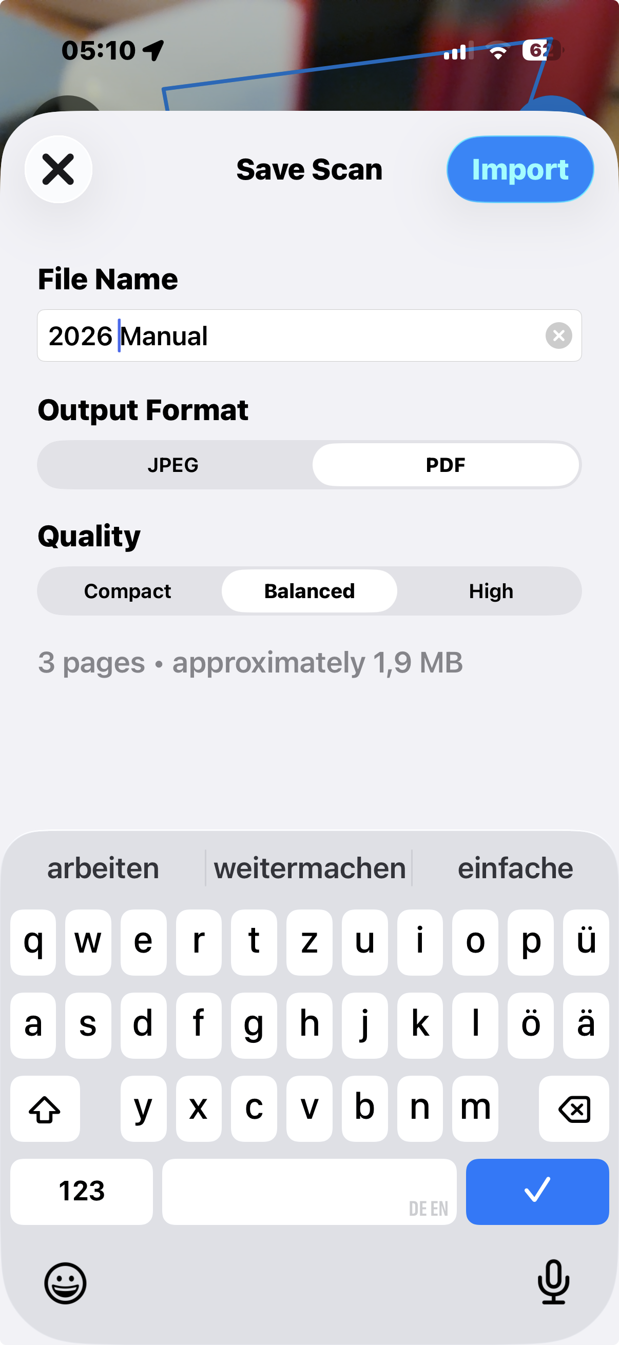 Save Scan screen with PDF selected as the output format, Balanced quality, three pages, and an estimated file size