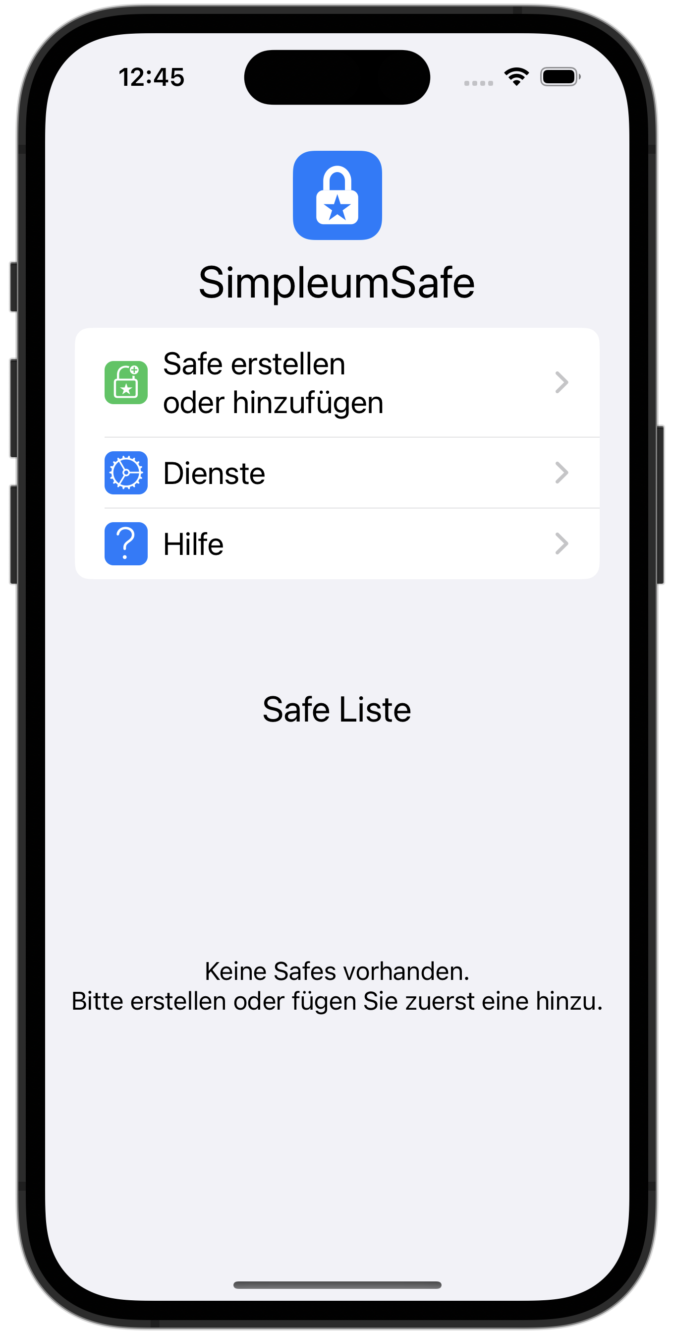 Das Startfenster auf dem iPhone mit der Auswahl Safe erstellen oder hinzufügen.