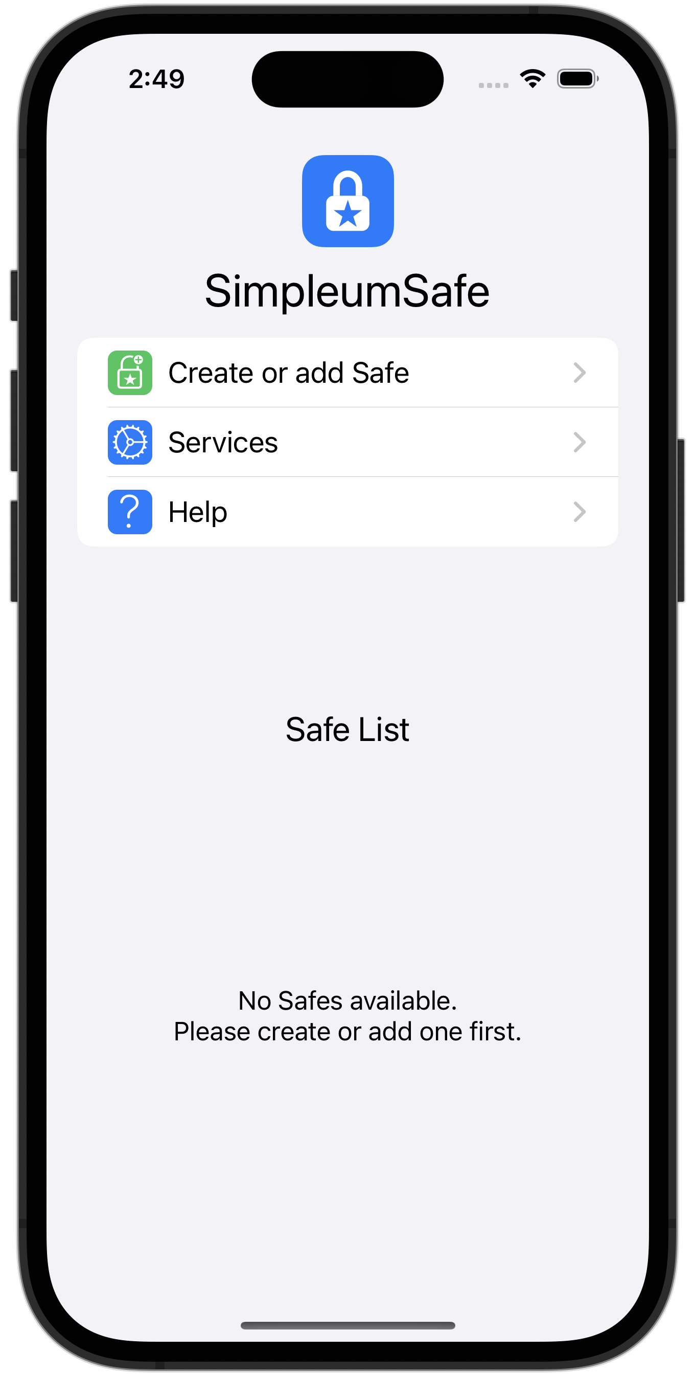 The welcome screen on iPhone with the Create or add Safe option.