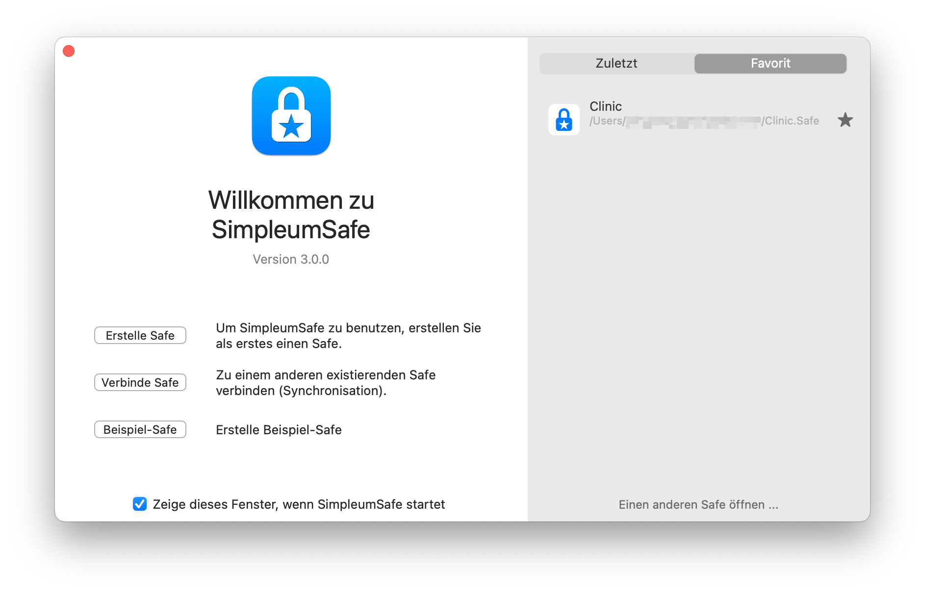 Das Startfenster von SimpleumSafe auf dem Mac mit der Auswahl zum Erstellen eines Safes.