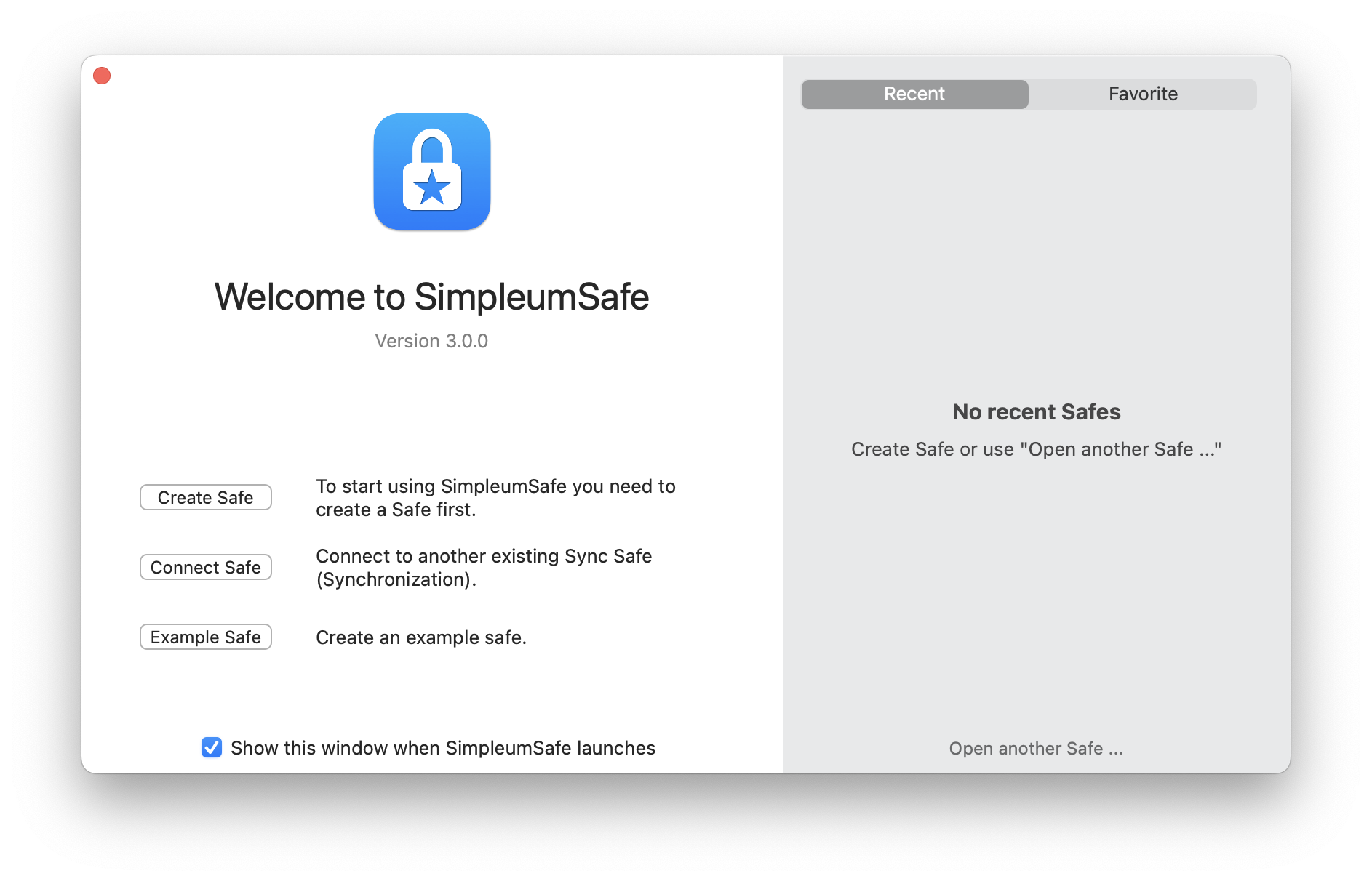 The SimpleumSafe welcome window on Mac with the option to create a Safe.